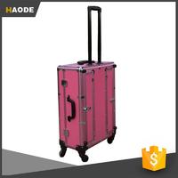 4-Wheel Fashion Pink Makeup Case With Lighted Mirror 